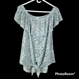 CY fashion sage green lace ruffle short sleeve tie front boutique blouse